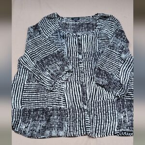 Spense Woman 3X Blouse Black White Abstract Print Button Front 3/4 Sleeve Plus